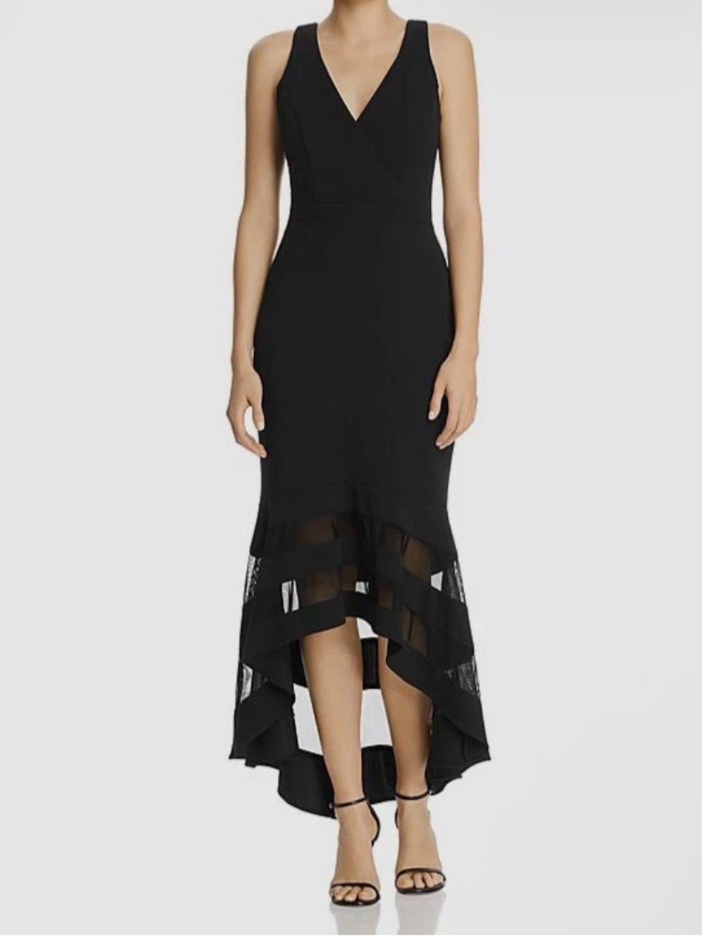Avery G Black Sleeveless Mermaid Maxi Dress Sheer Mesh High Low Hem Size 8 USA
